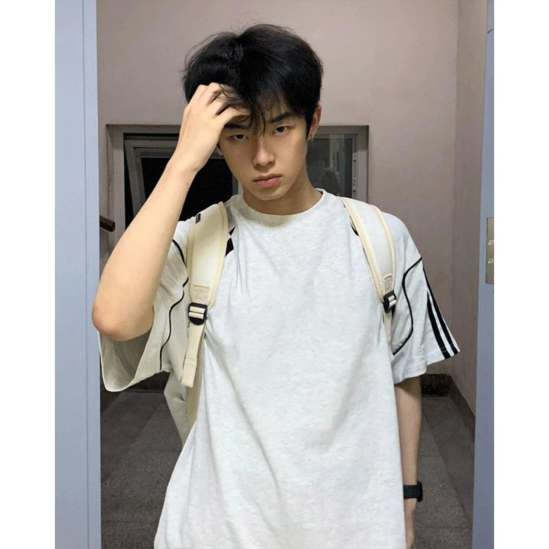 美式潮牌条纹纯棉重磅短袖T恤男款夏季高街风设计感百搭半袖上衣