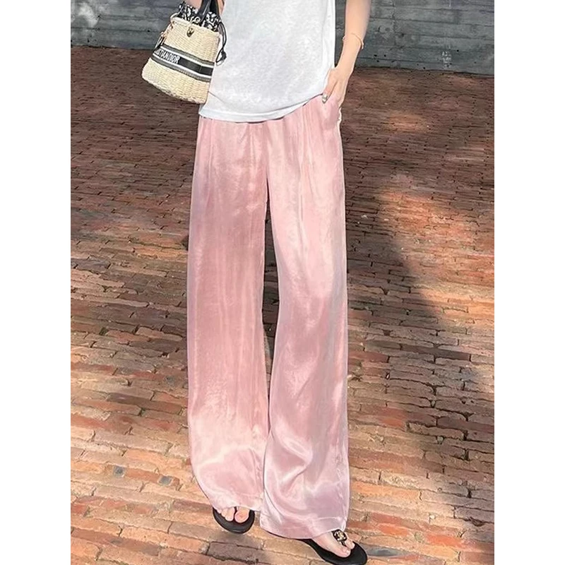 黄色铜氨丝莱赛尔阔腿裤女2025夏季新款高腰显瘦垂感直筒休闲裤子