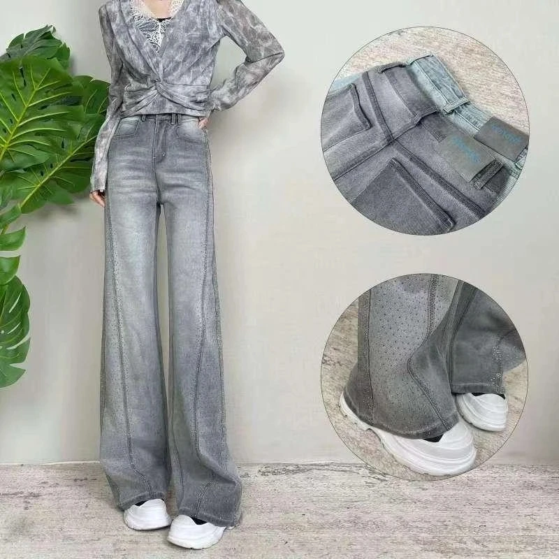 烫钻设计感牛仔裤女装春夏新款直筒休闲裤时髦洋气高级感阔腿裤子