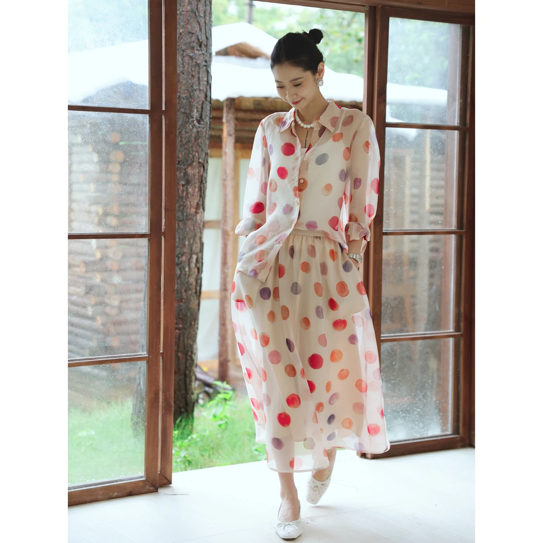 CHENSMCHEN 100桑蚕丝波点半身裙女时尚气质优雅裙子CSEQ7508TT