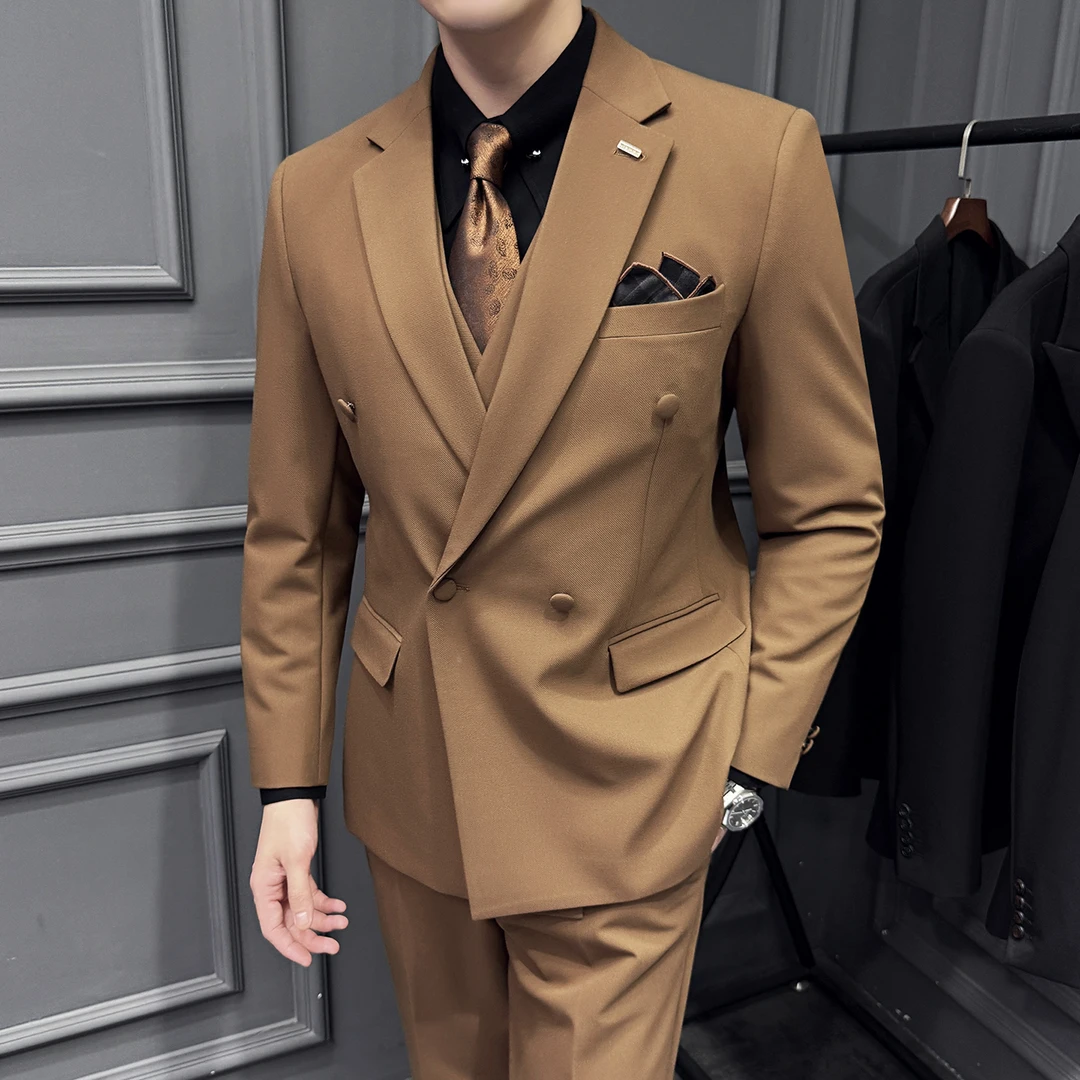 深蓝色咖啡色西装套装男高级感双排扣平驳领西服韩版新郎结婚礼服