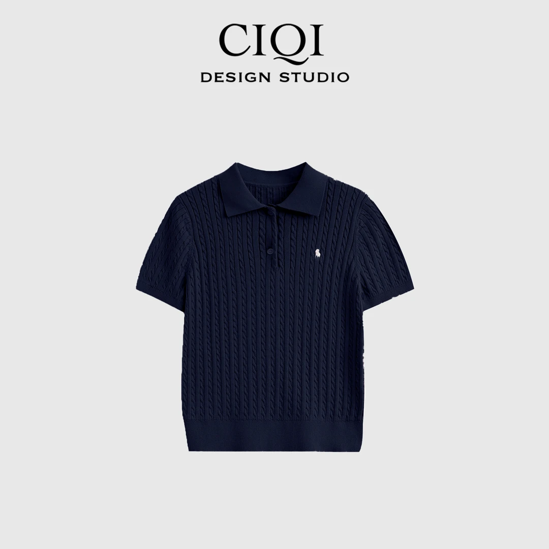 CIQI时尚经典小麻花针织Polo短袖女装夏季设计师翻领上衣DY909