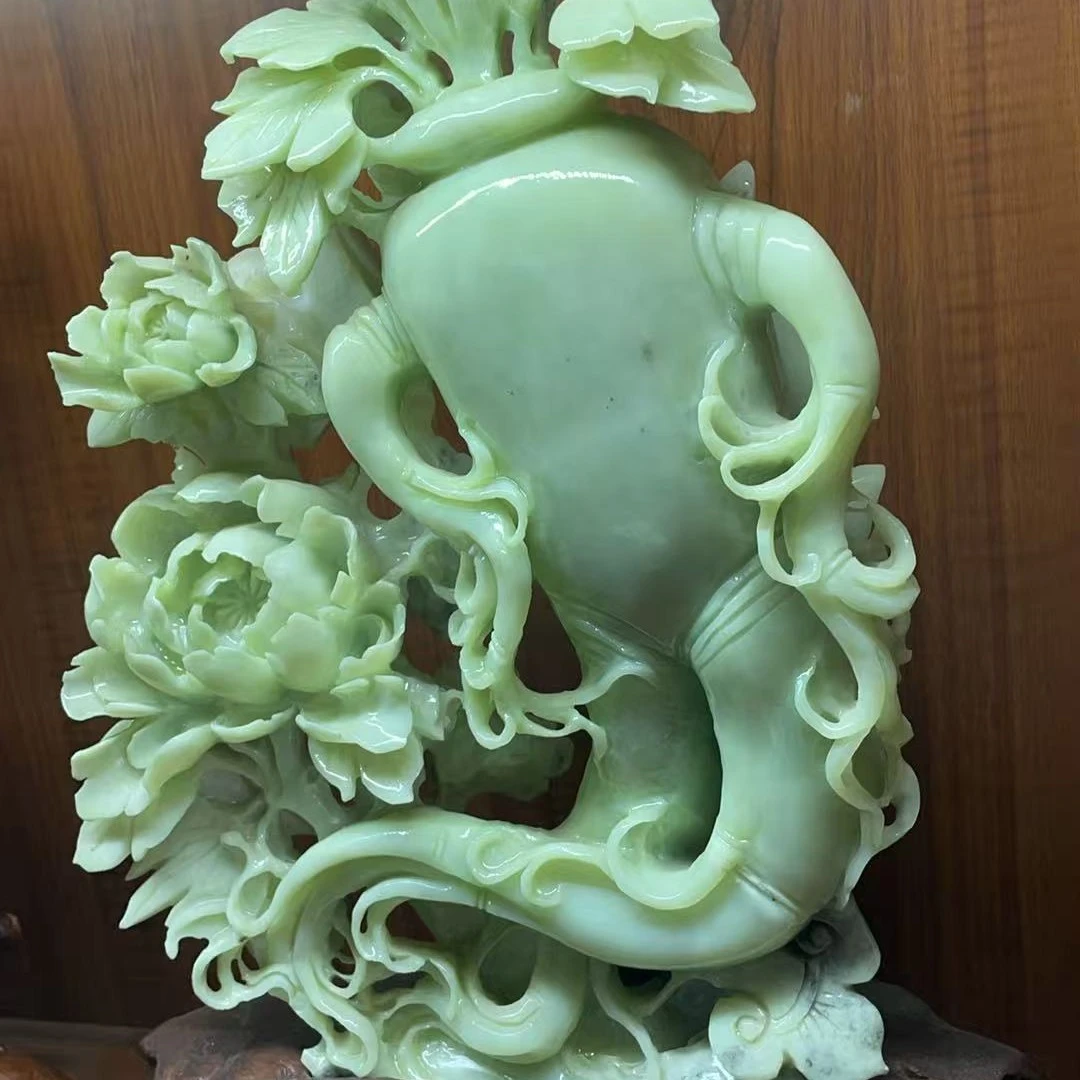 岫玉蛇纹石玉~花摆件(富贵人生)