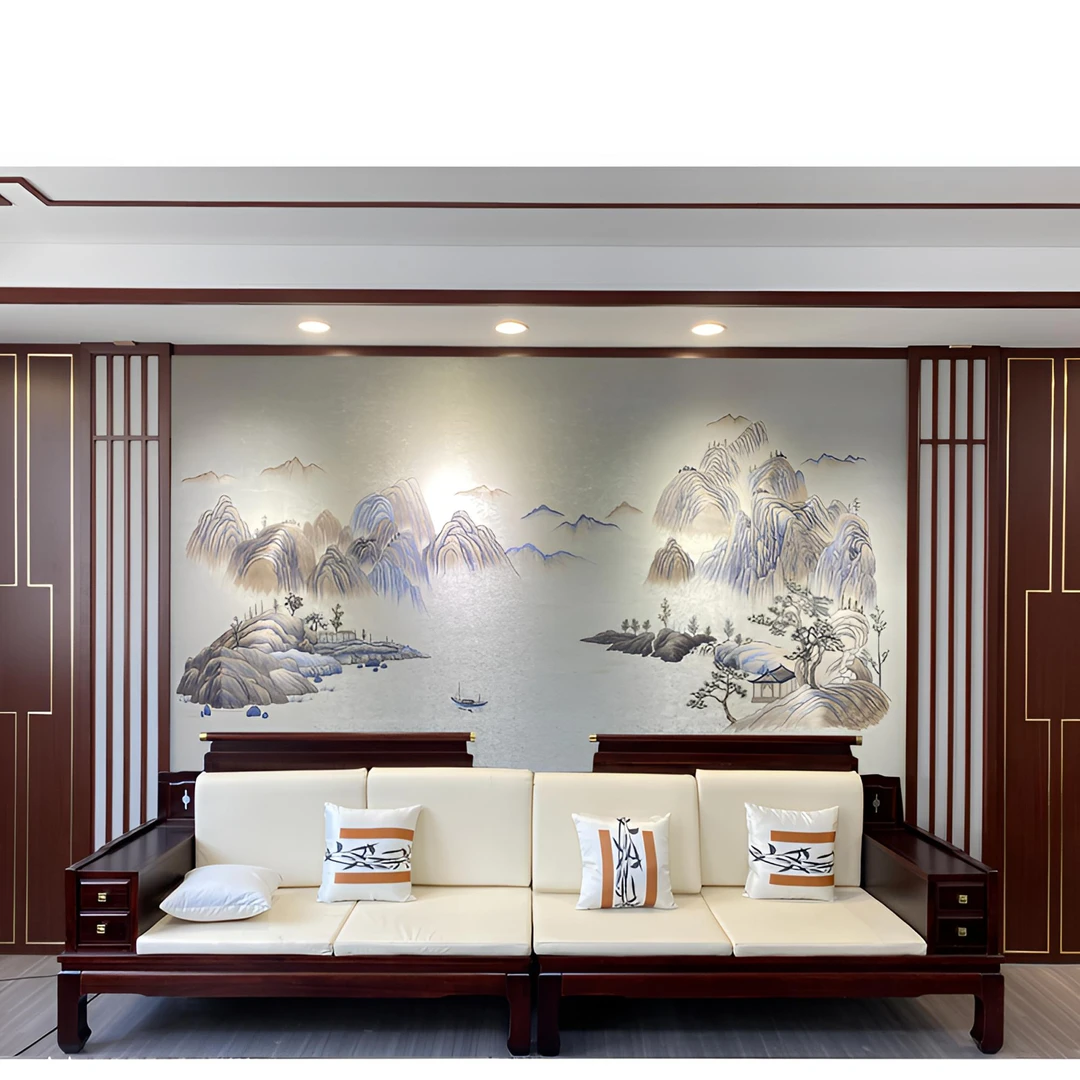 彪哥 悠然山居 新中式刺绣 沙发背景茶室背景书房背景办公室背景
