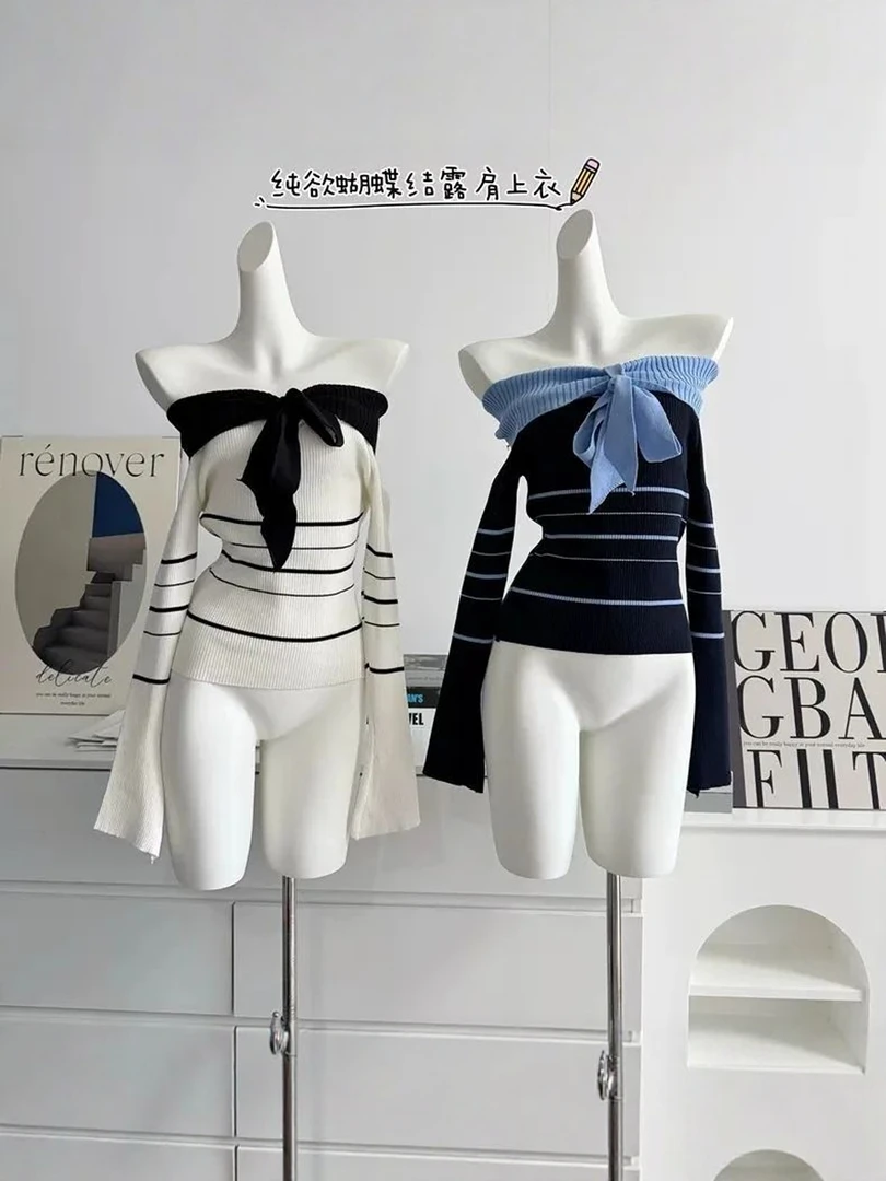 韩系条纹一字肩针织打底衫女2025秋季蝴蝶结设计露肩毛衣绝美上衣