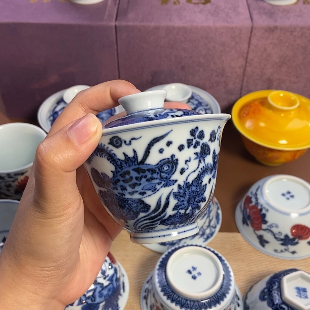 陶宣乐沐谷青花鱼藻斗笠盖碗