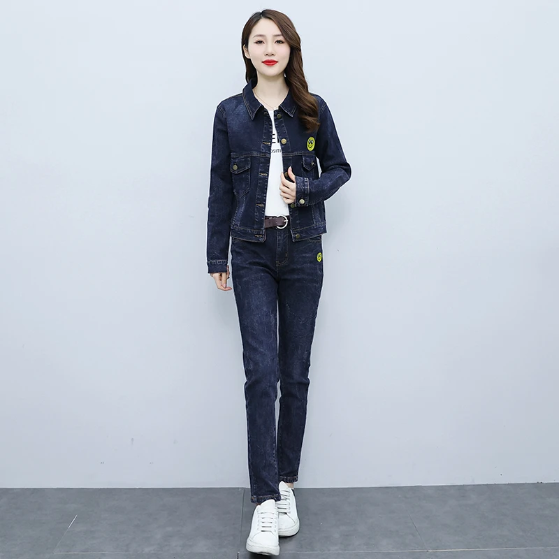 新款小个子新中式街头风丹宁风秋季牛仔套装女休闲丹宁风秋冬套装