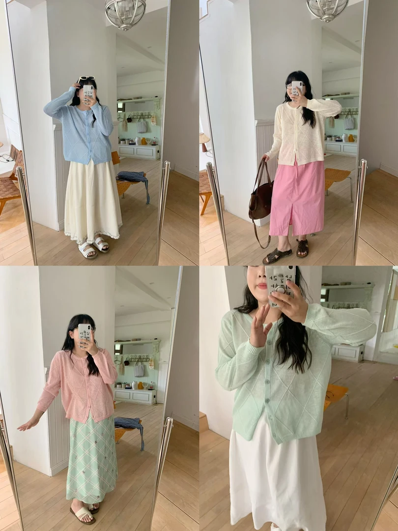 7001大码女装菱形简约镂空针织开衫糖果色宽松休闲百搭上衣