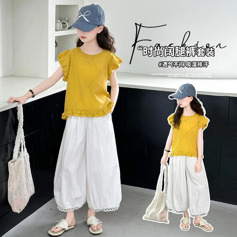 女童夏季甜美飞袖花边娃娃衫套装中大童时尚镂空休闲灯笼裤两件套