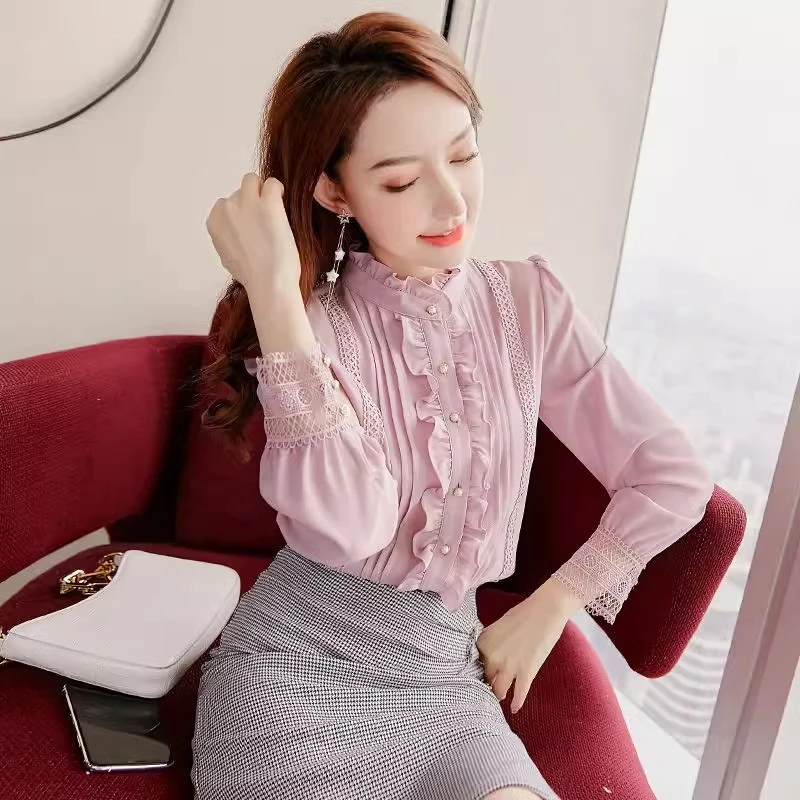 YOULI时尚加绒雪纺衬衫女2025秋季装荷叶气质小众设计感洋气小衫