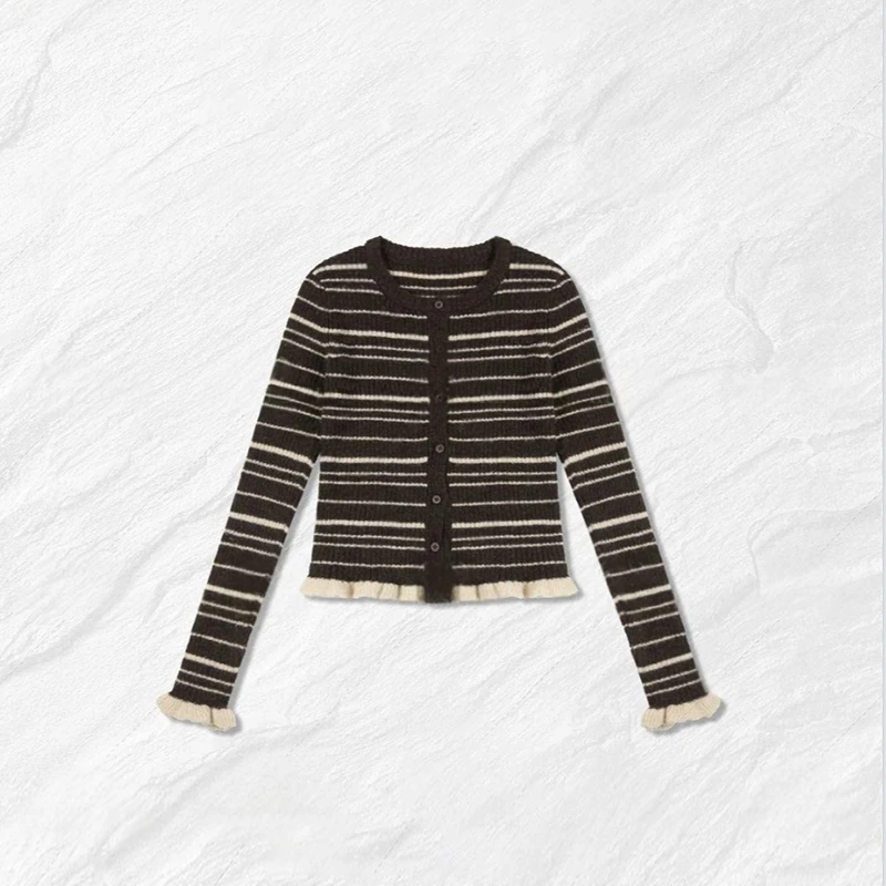 韩系复古毛衣外套上衣女2025年春秋季新款外搭条纹小个子针织开衫