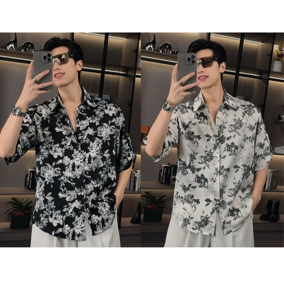 【李李穿搭】夏季新款宽松透气薄款垂感轻奢花衬衫休闲短袖痞帅男
