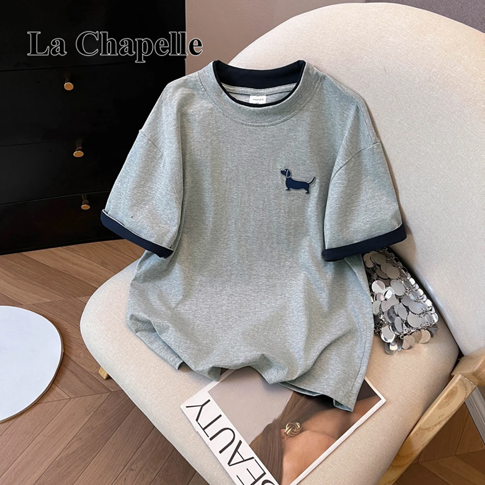 拉夏贝尔大码女装时尚纯棉短袖t恤夏新款百搭假两件宽松圆领上衣