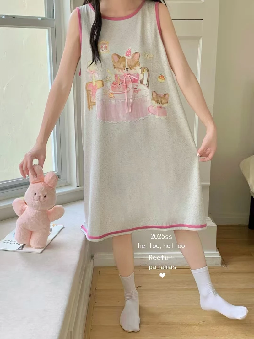 伊涵家梨花夏季圆领套头可爱卡通印花睡裙