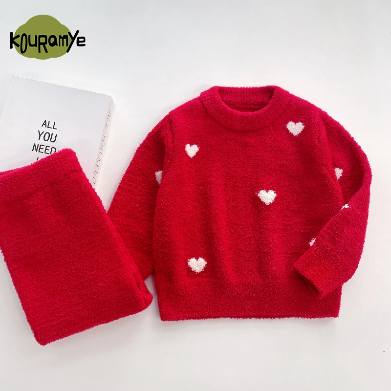 米巴布秋冬儿童新款软绵绵中小男女童舒适居家爱心圆领套装9020