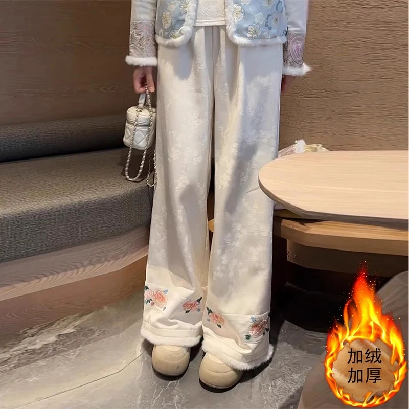 2025秋冬新中式国风刺绣提花加绒加厚复古洋气宽松休闲百搭阔腿裤