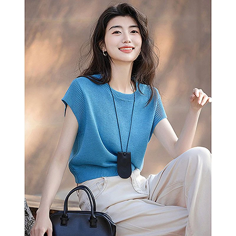 韩版简约短袖针织衫上衣女夏季新款休闲百搭宽松短款圆领套头毛衣