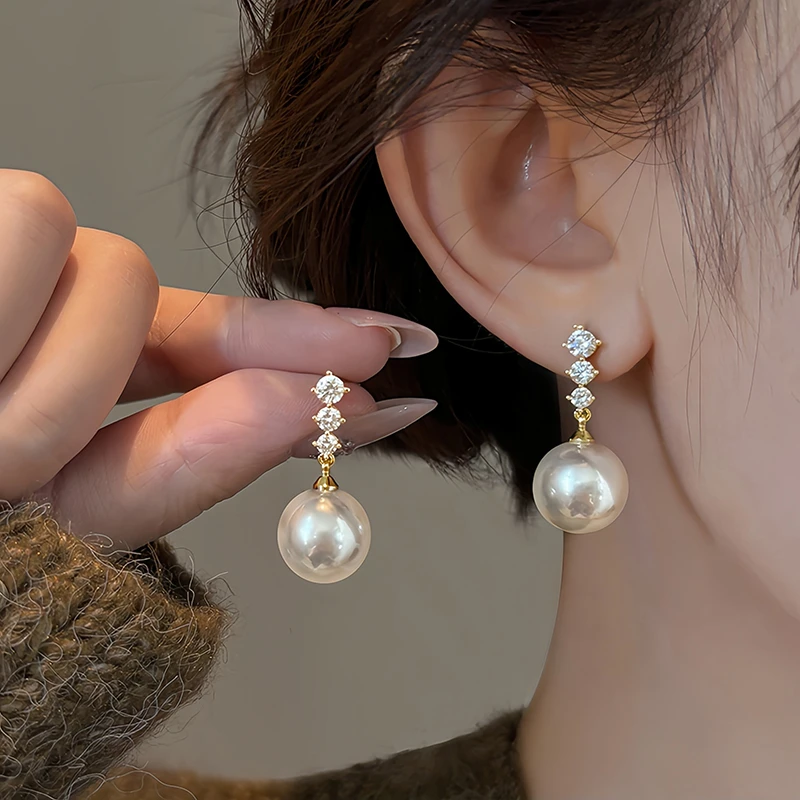 铜合金仿珍珠耳饰 微镶锆石珠珠耳钉女耳环小众高级感气质耳饰潮