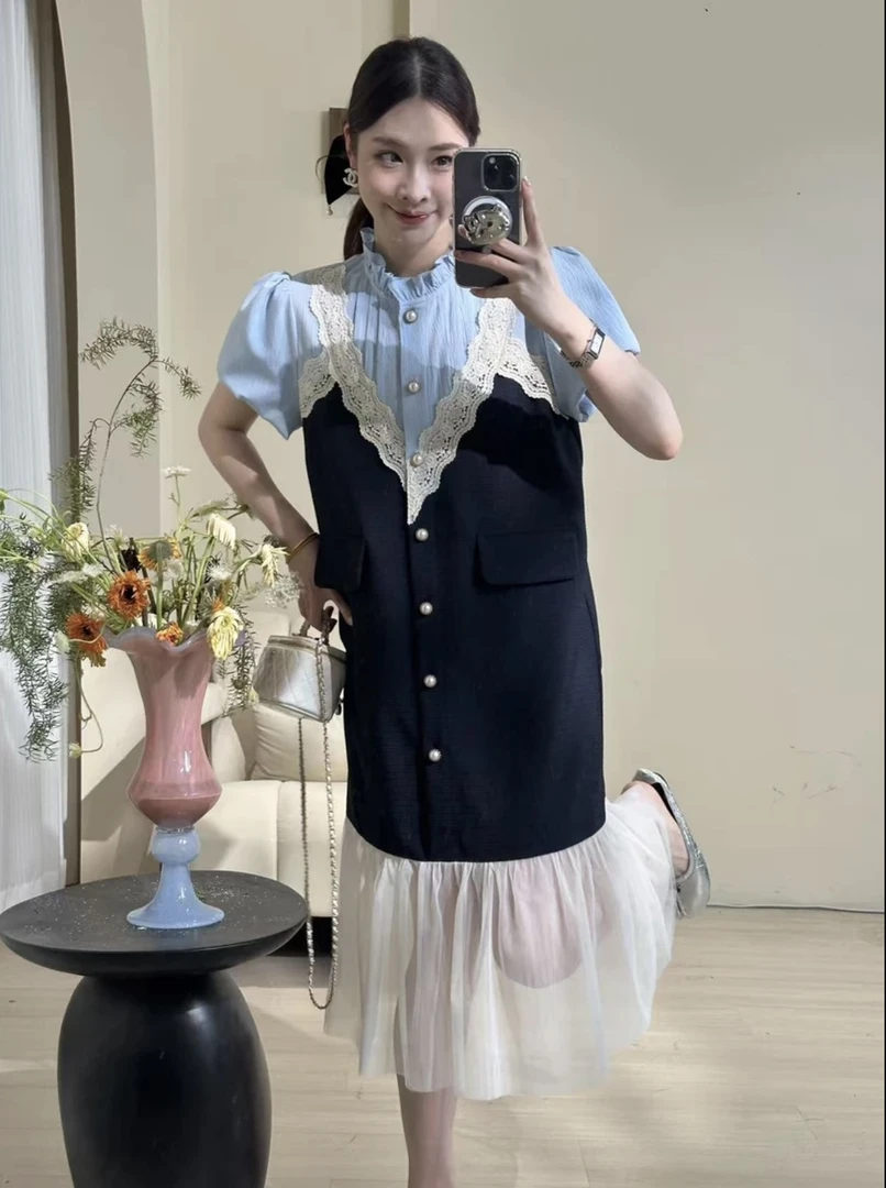 十一【露水薄荷】连衣裙拼接网纱欧若风 时尚气质显瘦