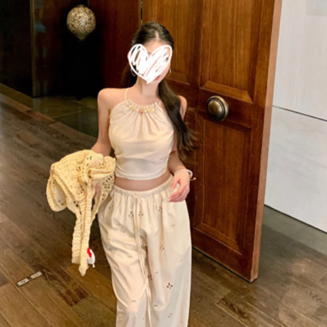 女夏季休闲套装镂空高腰阔腿裤两件套