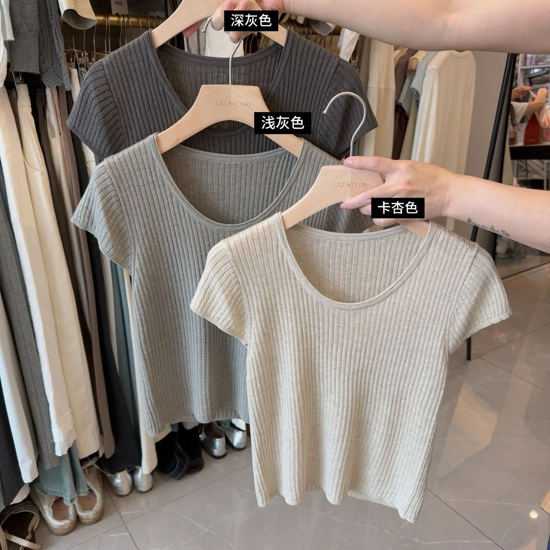 韩系春夏款2025年简约百搭领短袖针织衫女修身显瘦打底衫上衣女装