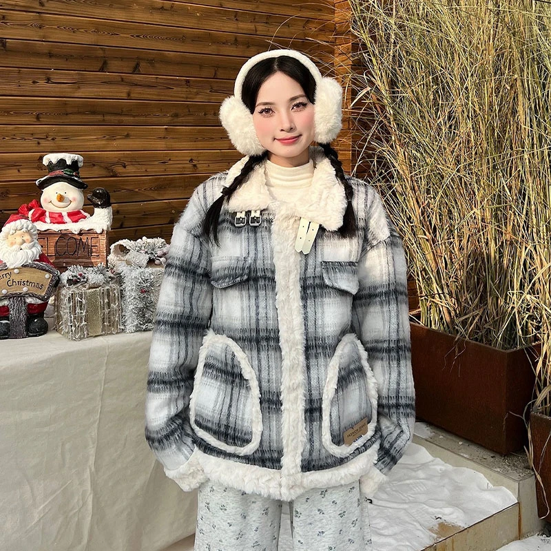 氛围感棋盘格子小香风棉服女生韩版ins加绒保暖小众开衫棉衣外套