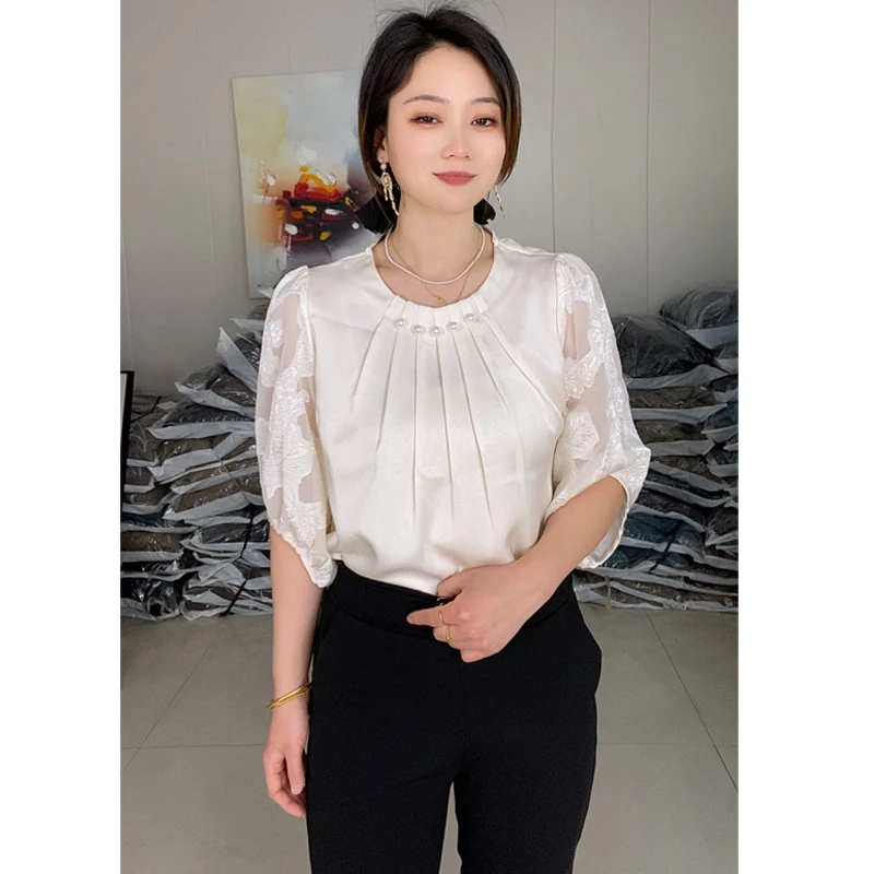 2025夏季新款半袖女时尚百搭遮肉显瘦醋酸段面五粒珠子小衫五分袖