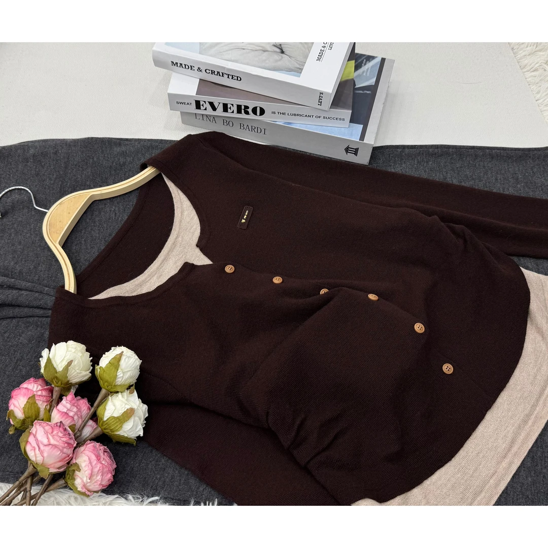 【咖色假两件】早秋新款百搭显瘦针织衫QC2351