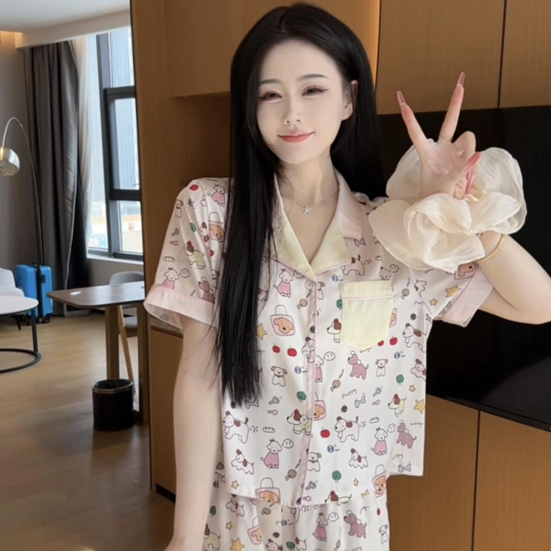 （开心狗）夏季可爱精显瘦高腰透气短袖睡衣女家居服套装可外穿休闲