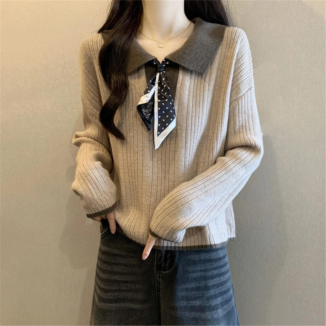 美拉德波点丝巾翻领正肩毛衣女2025秋冬新款大码胖mm洋气减龄上衣