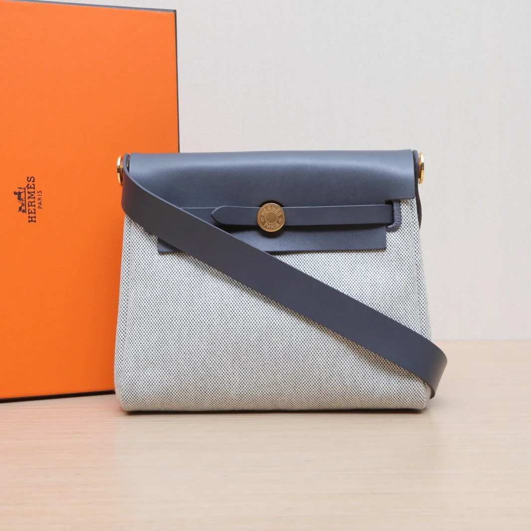 99新 Hermes/爱马仕 小花6欢 Herbag 20 帆布拼牛皮石板灰 k刻包