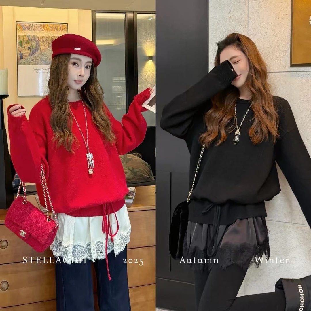 SG / 杨依姗 AW氛围感 蕾丝花边拼接圆领长袖毛衣MY-20252614