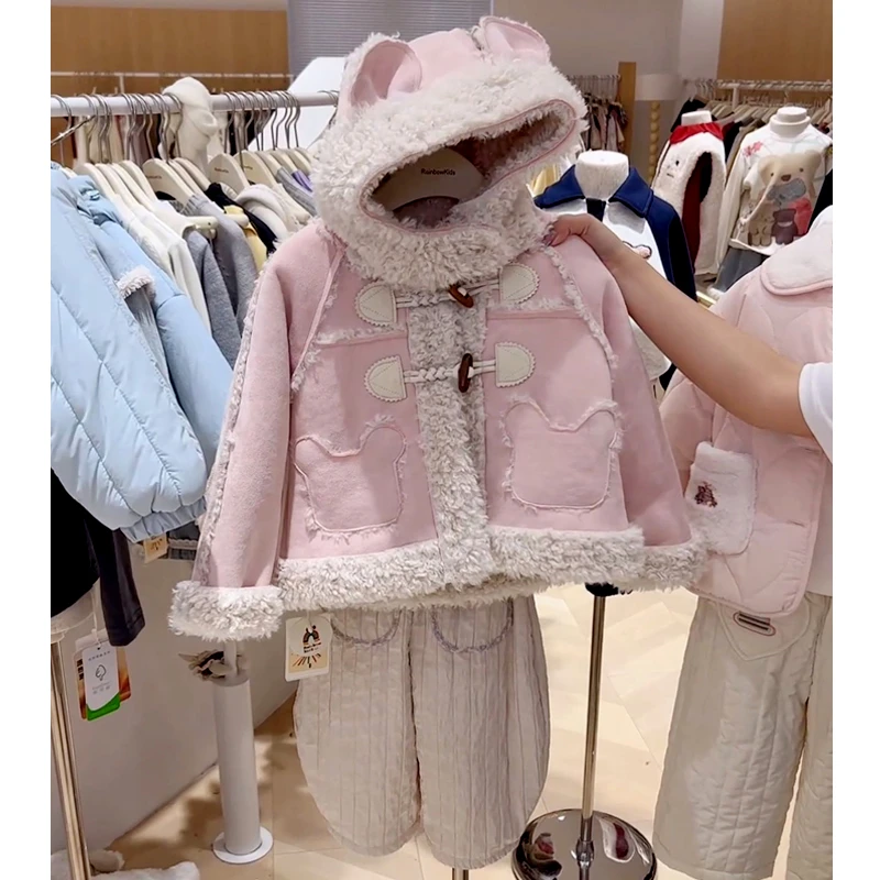 女童外套秋冬款新款童装宝宝小熊耳朵连帽棉服加厚保暖鹿皮绒上衣