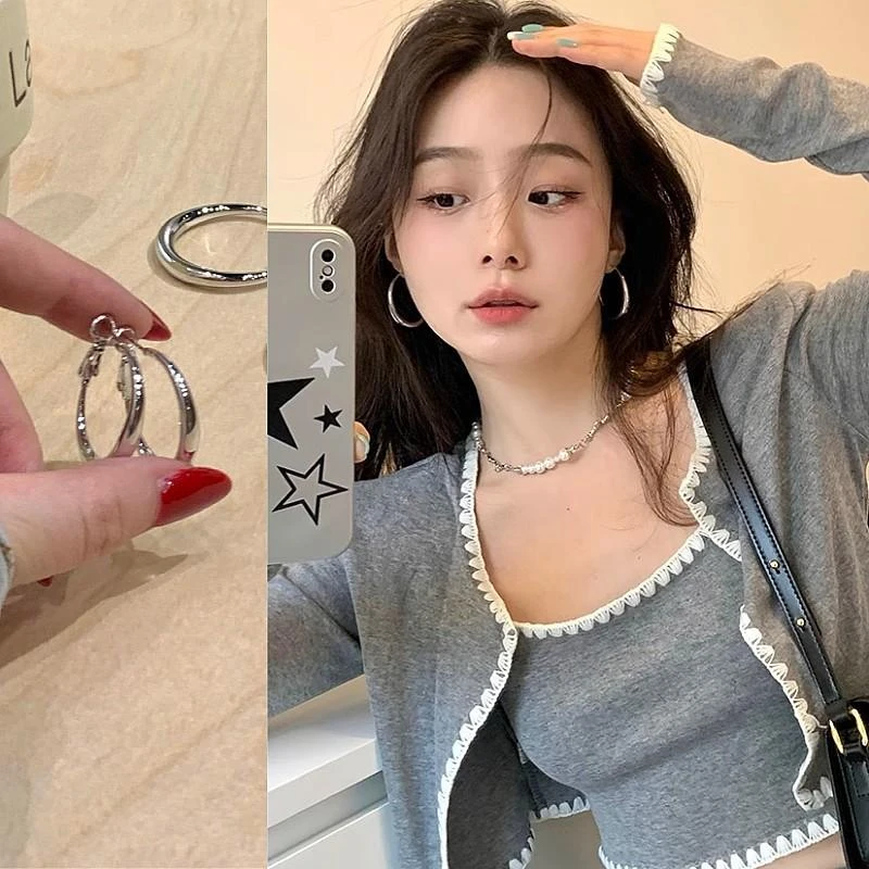 铜合金耳饰 流光耳畔圆舞曲金属冷淡风耳环女小众耳饰银色大圈圈