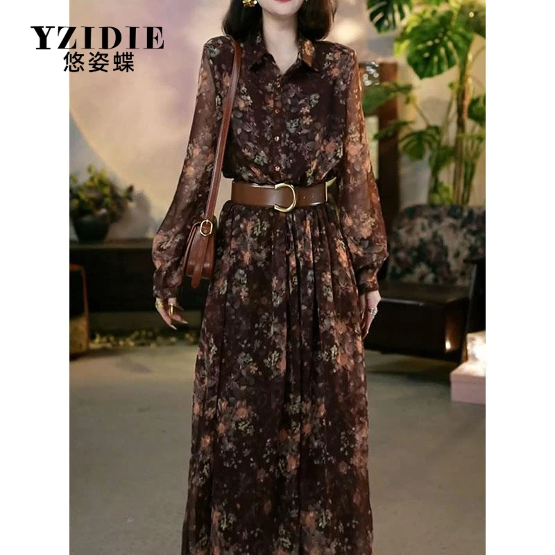 YZIDIE送腰带!复古民族风气质印花长袖连衣裙2025春季新款遮肉显