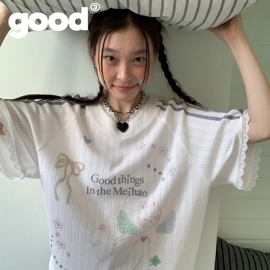 美好商店MeihaoStore梦幻涂鸦blokette风V领球衣短袖T恤