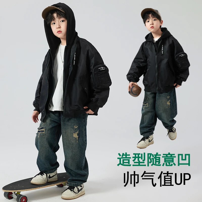 男童春秋装连帽外套2025新款中大童洋气韩版假两件休闲男孩棒球服