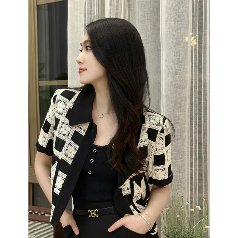 DALI PLUS时尚法式黑白格纹 蕾丝提花小香风短袖外套-TY23196