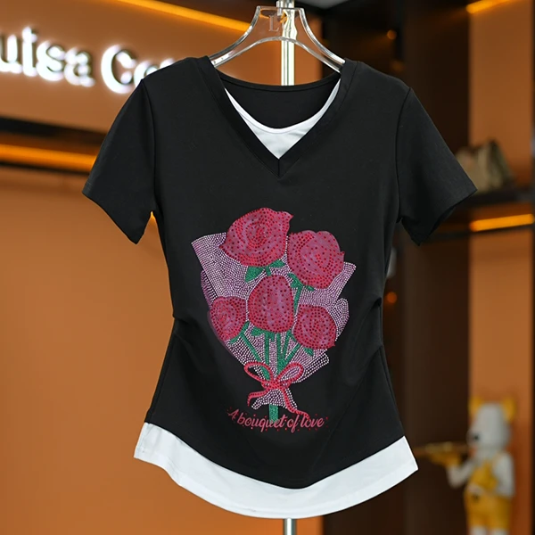 Louisa Cottun轻奢重工烫钻玫瑰收腰百搭上衣YYA2592#