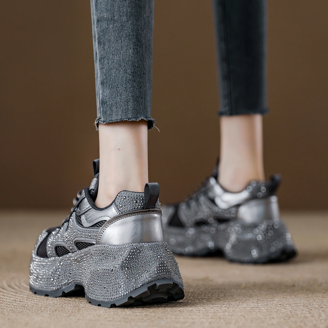 欧货水钻网面透气老爹鞋女厚底增高2025秋季新款小个子增高女鞋潮