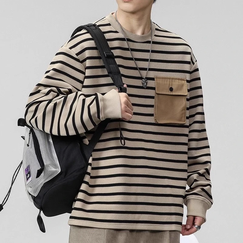 大码条纹长袖t恤男潮流体恤男款卫衣秋季男装内搭打底衫春秋上衣