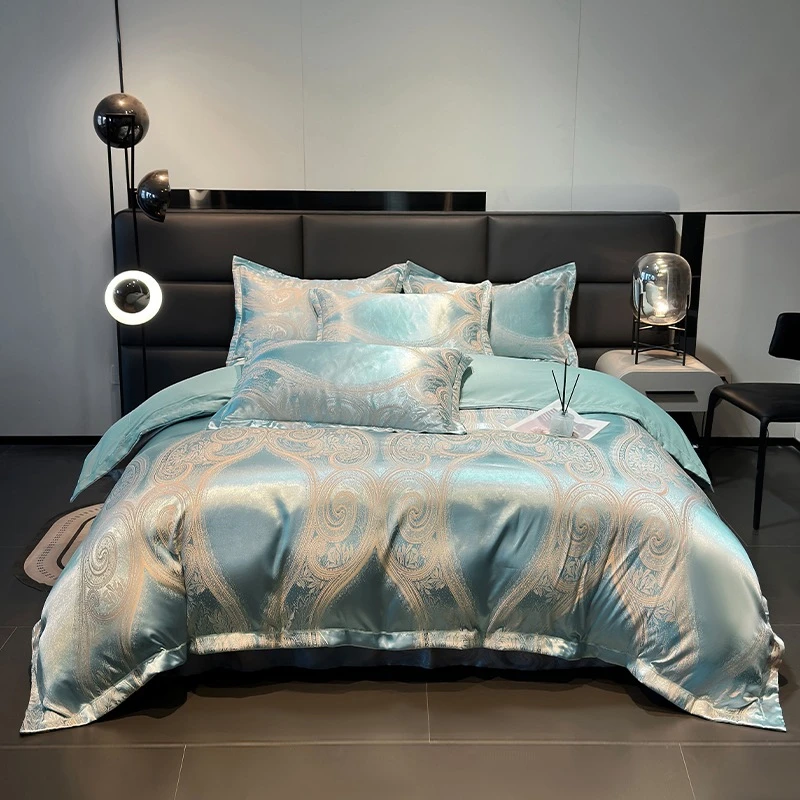 水蓝之星贡缎色织提花四件套亲肤裸睡细腻丝滑柔顺高档床品套件