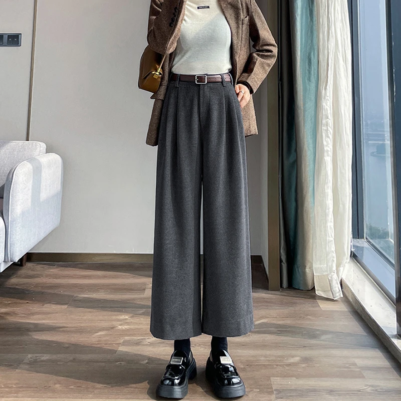 灰色毛呢阔腿裤子女胖mm大码显瘦小个子梨型身材高腰九分直筒裤冬