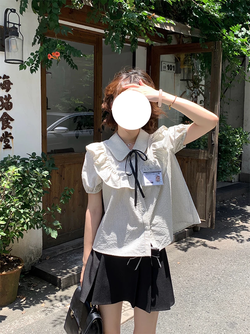 格恩学院法式学院风套装女短袖条纹衬衫+黑色A字裙两件套