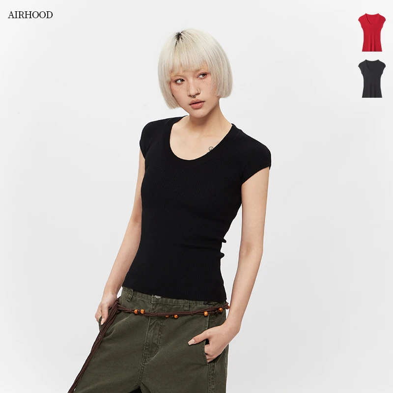 AIRHOOD复古夏季纯色正肩T恤纯欲U领上衣修身短袖女显瘦街头C5185