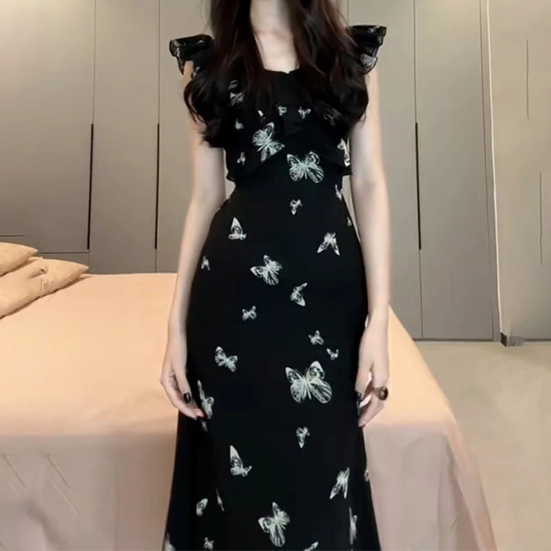 【现货+运补】黑色小飞袖蝴蝶印花连衣裙子女夏季收腰长裙3027