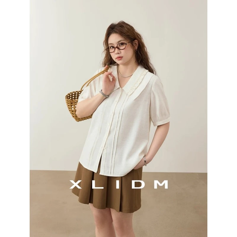 300斤特大码女装透气竹节仿亚麻减龄木耳边正肩胖mm夏季短袖衬衫