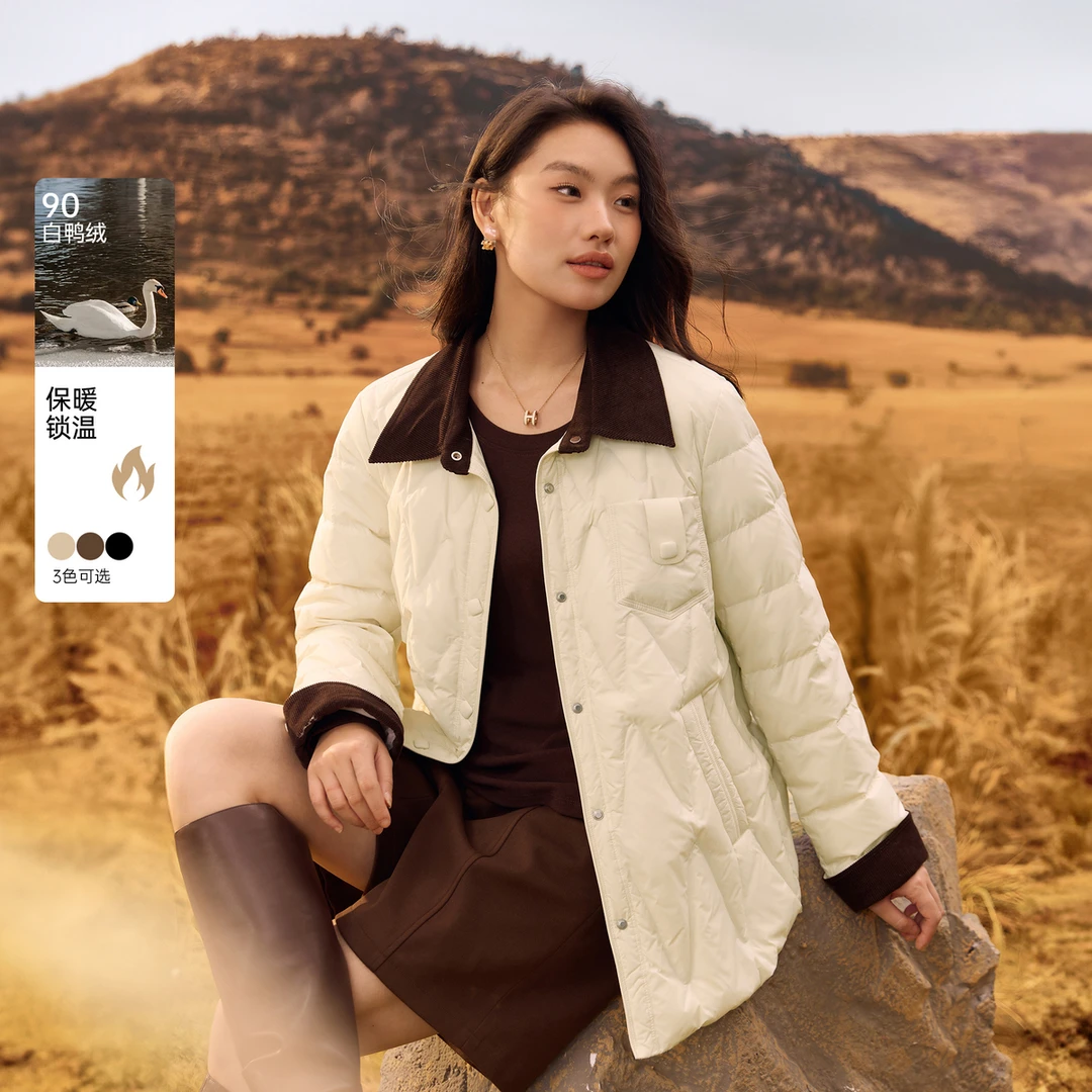 【白鸭绒】纤莉秀y大码女装流光风菱格翻领零压云感羽绒服QK2866