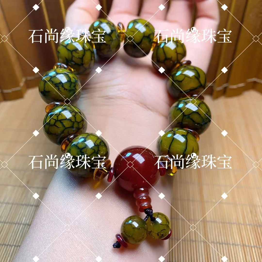 车轮珠霸气男款藏式黄色龙纹开片手链，珠子尺寸15/20毫米左右