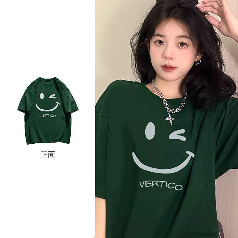 日系简约微笑表情纯棉短袖T恤女夏季ins休闲宽松潮流上衣服#N371